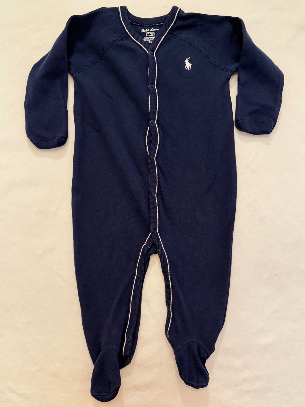 Ralph Lauren Cotton Footed One-Piece Coverall in Refined Navy White Logo 6 MTHS